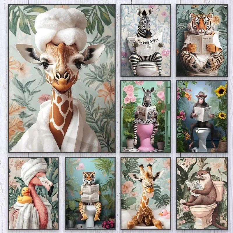 Resin Art On Canvas - Zebra on Toilet Bathroom Poster Giraffe